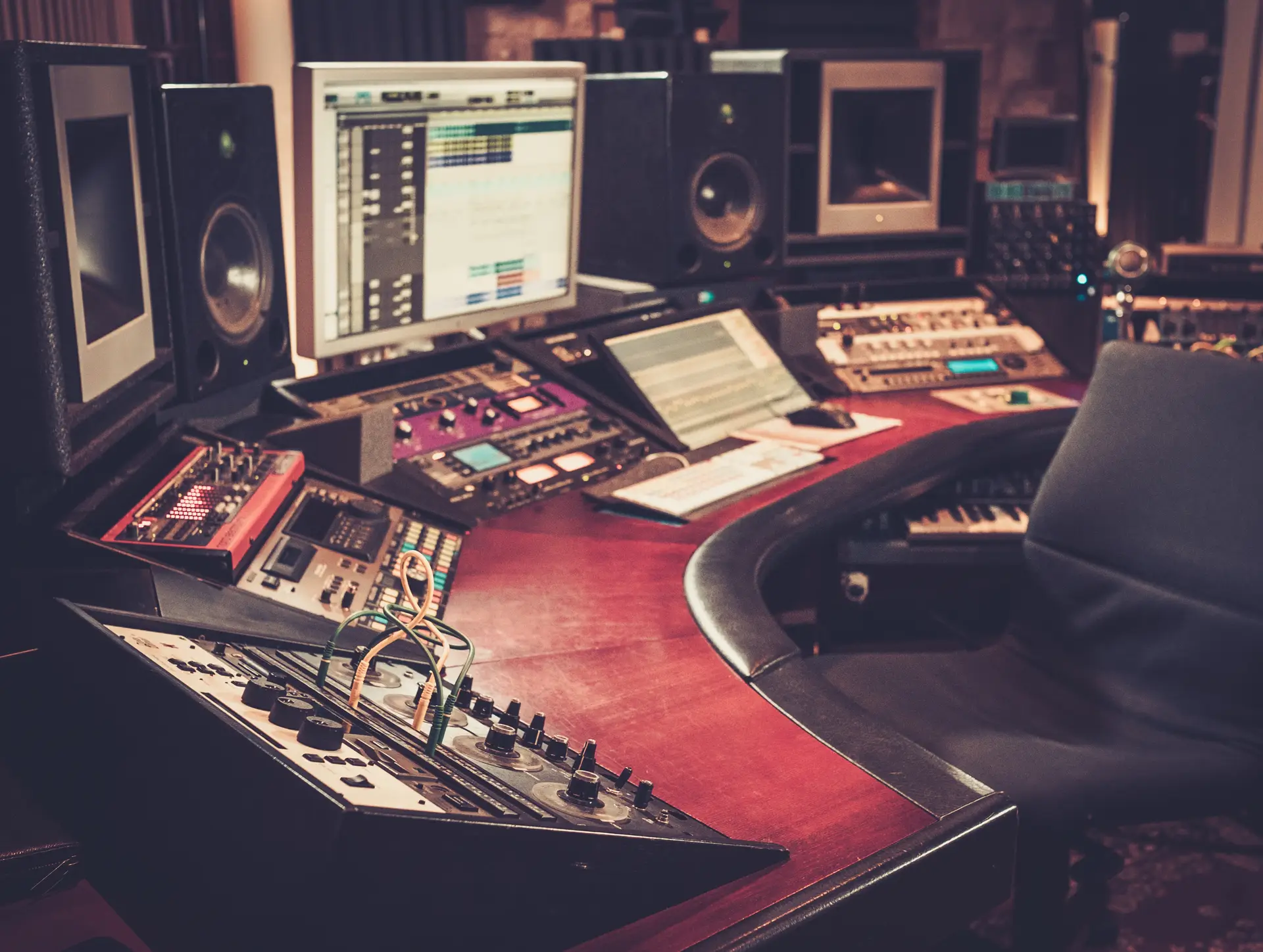 Close-up of boutique recording studio control desk.